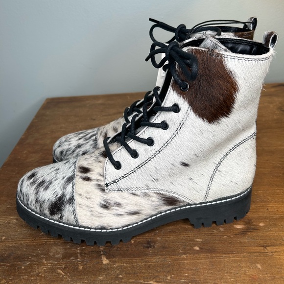 MYRA Black White Cowhide Fervence Boots Western Combat Lace-Up Hairon Leather 10 - Picture 4 of 11